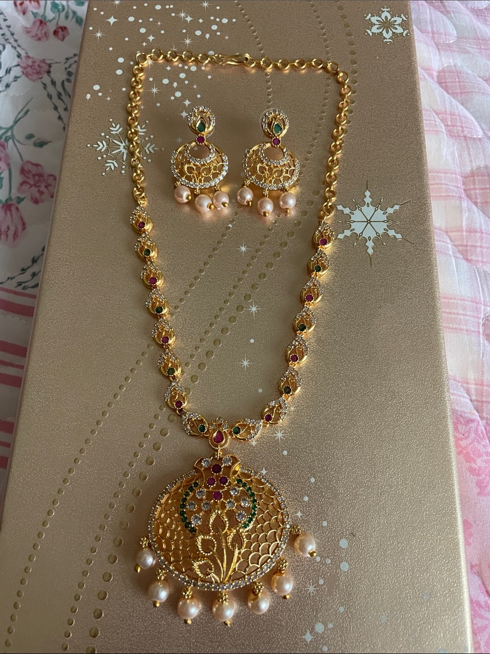 Gold-Tone Pearl Drop Necklace and Earrings with Pink & Green Accents